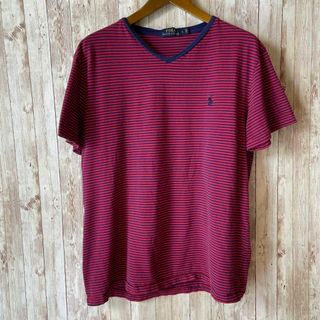 ポロラルフローレン(POLO RALPH LAUREN)のラルフローレン　サイズＬ　赤紺ボーダー　Vネック　コットンＴシャツ　メンズ　古着(Tシャツ/カットソー(半袖/袖なし))