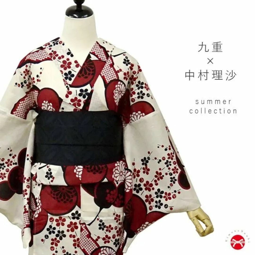 浴衣 レディース 九重 × 中村里砂 浴衣単品 (オフ白地 赤・黒 梅 浴衣 レディース 九重 × 中村里砂 浴衣単品 (オフ白地 赤・黒 梅