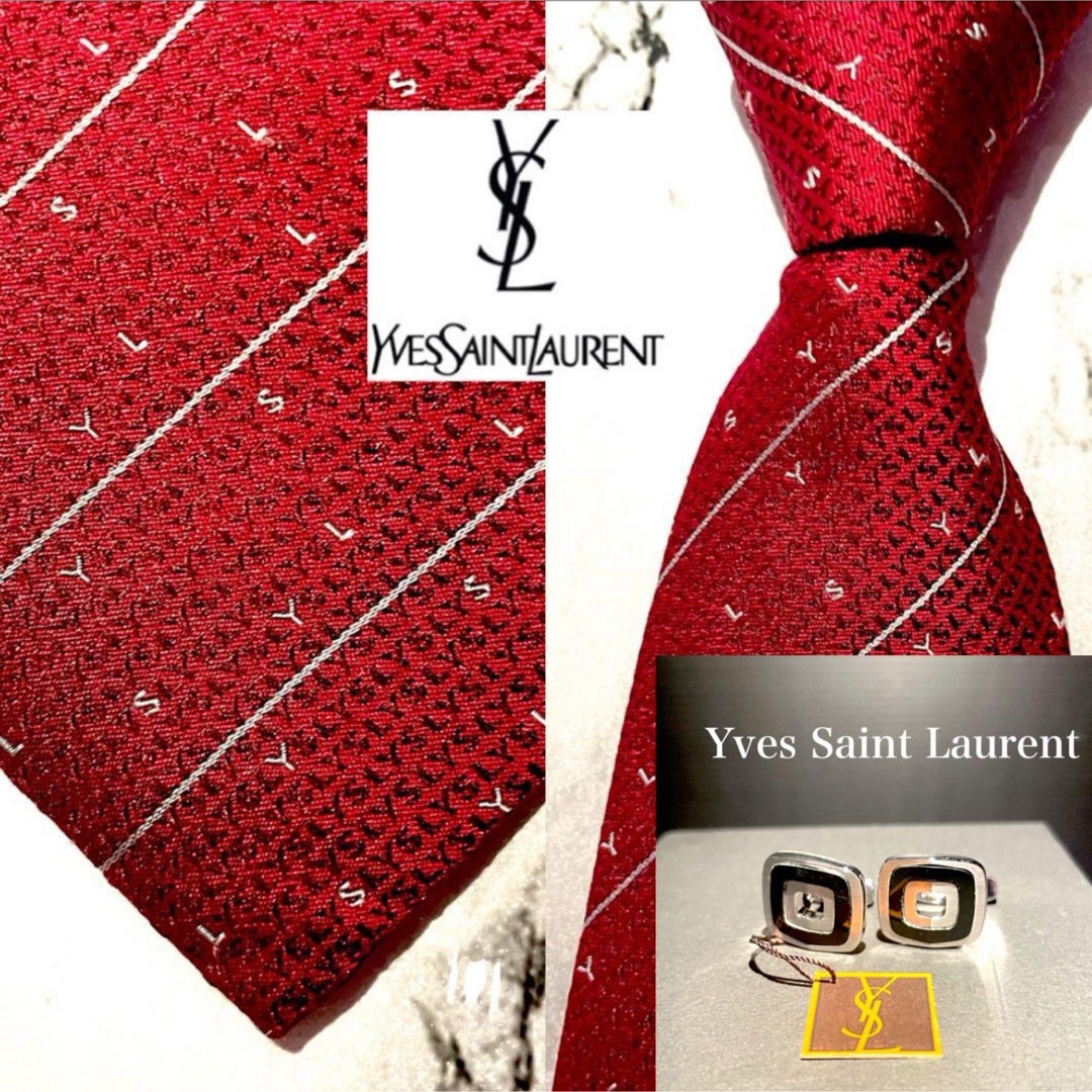 Yves Saint Laurent(イヴサンローラン)の 【ネクタイカフスセット】イヴ・サンローラン　YSL ロゴレタッチ　シルバー メンズのファッション小物(ネクタイ)の商品写真