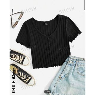 SHEIN EZwear ボタンフロント レタストリム クロップトップ(Tシャツ(半袖/袖なし))