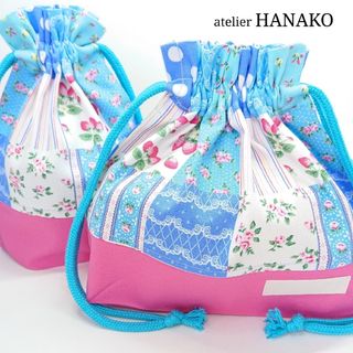 いちご&花柄(水色) ハンドメイド お弁当袋 コップ袋 女の子 花柄 苺(外出用品)