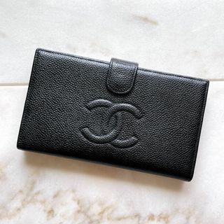 シャネル(CHANEL)のCHANEL シャネル キャビアスキン レザー がま口 長財布 ココマーク 黒(財布)