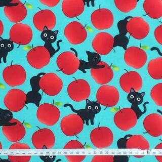 りんご 黒猫 グリーン 32生地 はぎれ フルーツ リンゴ ネコ ねこ 動物(生地/糸)