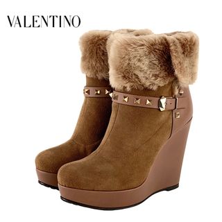 ヴァレンティノ(VALENTINO)のヴァレンティノ VALENTINO ブーツ ショートブーツ 靴 シューズ スエード ファー ブラウン ロックスタッズ ベルト ウェッジソール 2way 折り返し(ブーツ)