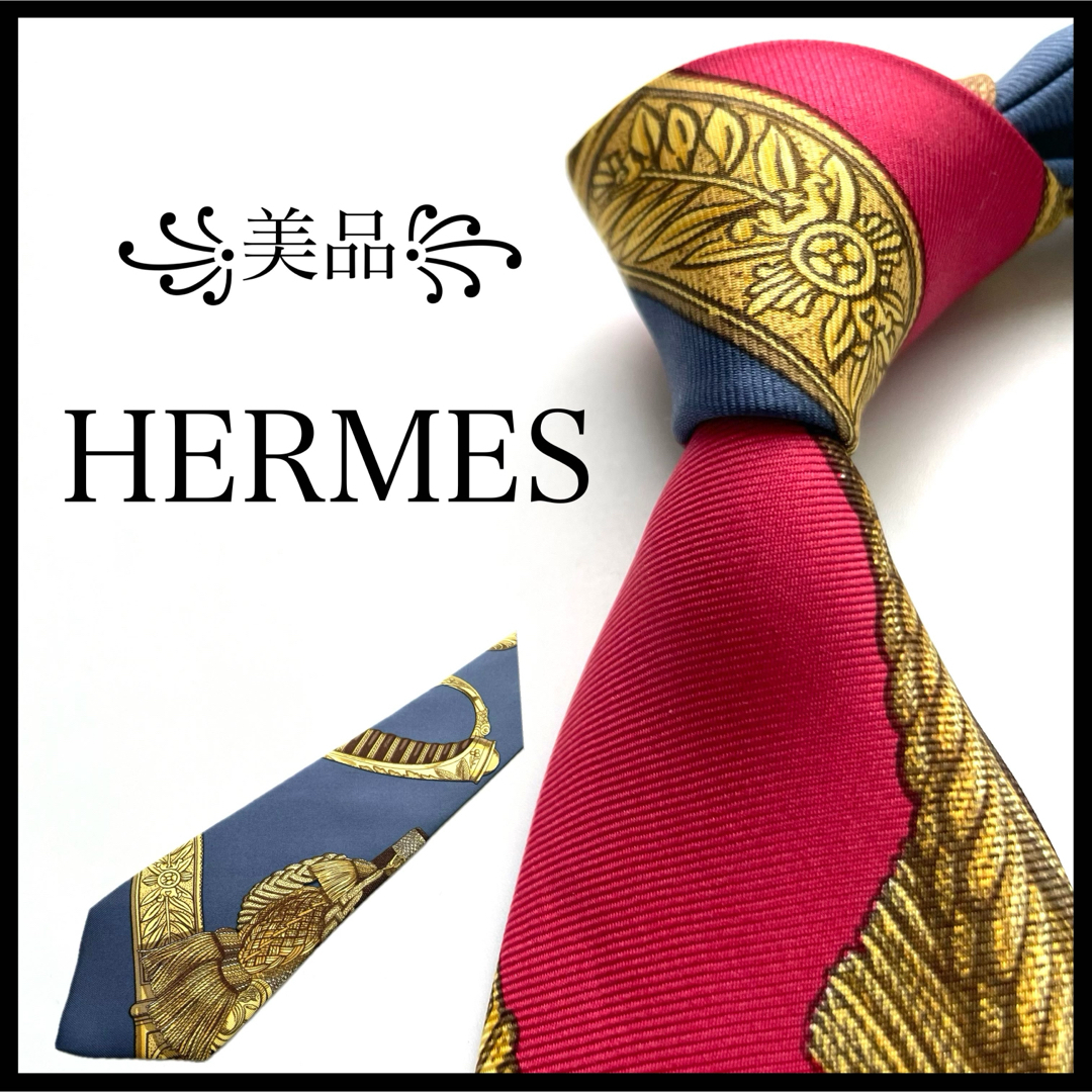 Hermes(エルメス)の꧁美品꧂ エルメス ネクタイ ファソネ スカーフ柄 ブルー ゴールド シルク メンズのファッション小物(ネクタイ)の商品写真