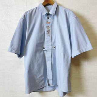 チロリアンシャツ　刺繍アニマルロゴ　オーバーサイズ2ＸＬ　青ブルー　メンズ古着(シャツ)