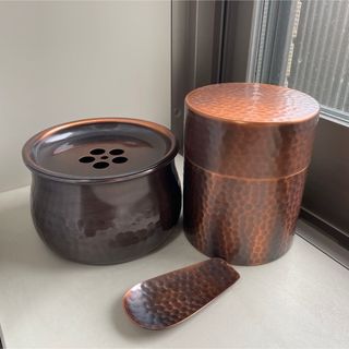 《3点組》銅製　茶筒＋茶匙＋茶こぼし　茶道具(容器)
