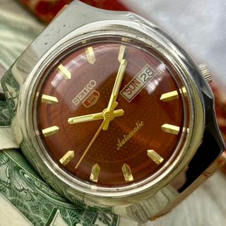 セイコー(SEIKO)の【レトロなデザイン】セイコー5 メンズ腕時計 ブラウン 自動巻き ヴィンテージ(腕時計(アナログ))