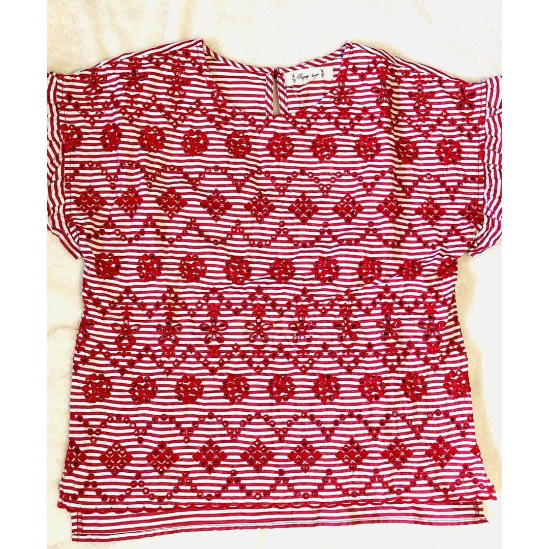 フリル ボーダー 半袖 刺繍 レディースのトップス(Tシャツ(半袖/袖なし))の商品写真