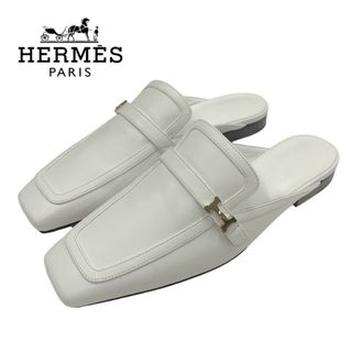 エルメス(Hermes)のエルメス HERMES グルーピー フラットシューズ スリッポン 靴 シューズ レザー ホワイト ゴールド 未使用 ミュール スリッパサンダル H金具(ミュール)