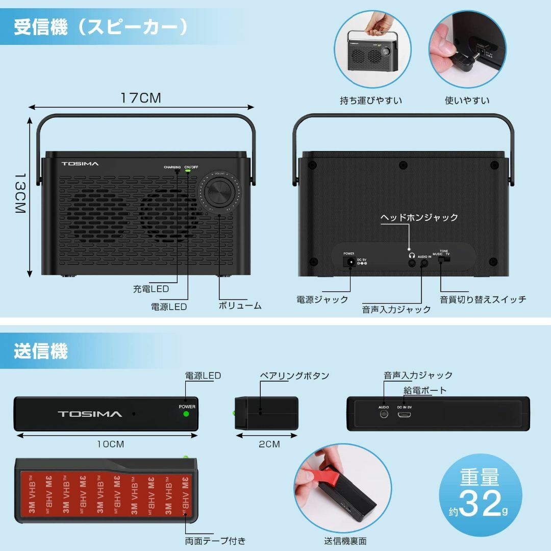 Tosima お手元テレビスピーカー ワイヤレス TV用 高齢者 難聴 テレビ用 スマホ/家電/カメラのオーディオ機器(スピーカー)の商品写真