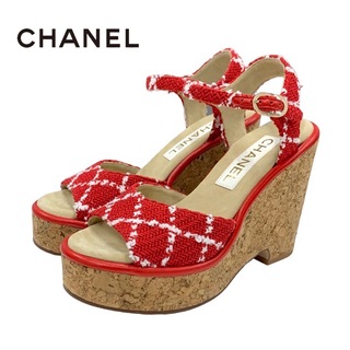 シャネル(CHANEL)のシャネル CHANEL サンダル 靴 シューズ ツイード コルク レッド ホワイト 未使用 ココマーク(サンダル)