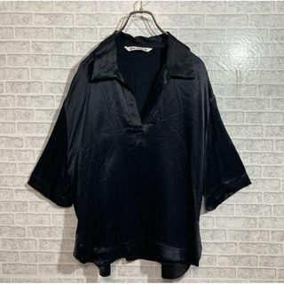 ザラ(ZARA)のZARA ザラ★半袖シャツ★オープンカラー★ハーフ★ブラック★レーヨン★Mサイズ(シャツ/ブラウス(半袖/袖なし))