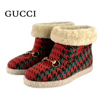 グッチ(Gucci)のグッチ GUCCI ブーツ ショートブーツ 靴 シューズ ウール ムートン レッド ムートンブーツ ホースビット 千鳥格子(ブーツ)