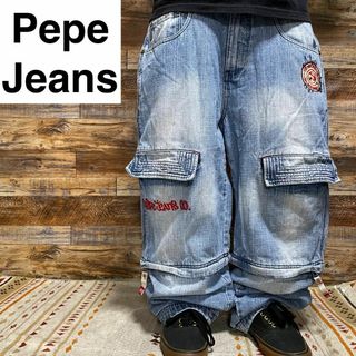 ペペジーンズ(Pepe Jeans)のペペジーンズバギーデニムカーゴパンツ刺繍ストリート古着w36極太b系ハーフパンツ(デニム/ジーンズ)