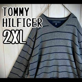 TOMMY HILFIGER - 【希少サイズ】　トミーヒルフィガー　ニット　ボーダー　Vネック　刺繍ロゴ　2XL