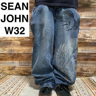 ショーンジョン(Sean John)のショーンジョンデニムジーンズストリート龍竜ドラゴン花ペイント極太b系刺繍青w32(デニム/ジーンズ)