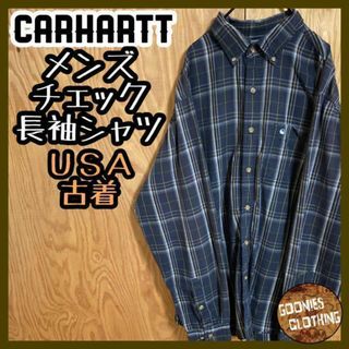 カーハート(carhartt)のカーハート 長袖シャツ USA古着 90s ボタンダウン ネイビー 刺繍 ロゴ(シャツ)