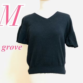 グローブ(grove)のグローブ　半袖ニット　M　ブラック　フリル袖　きれいめ　ポリ　綿(ニット/セーター)