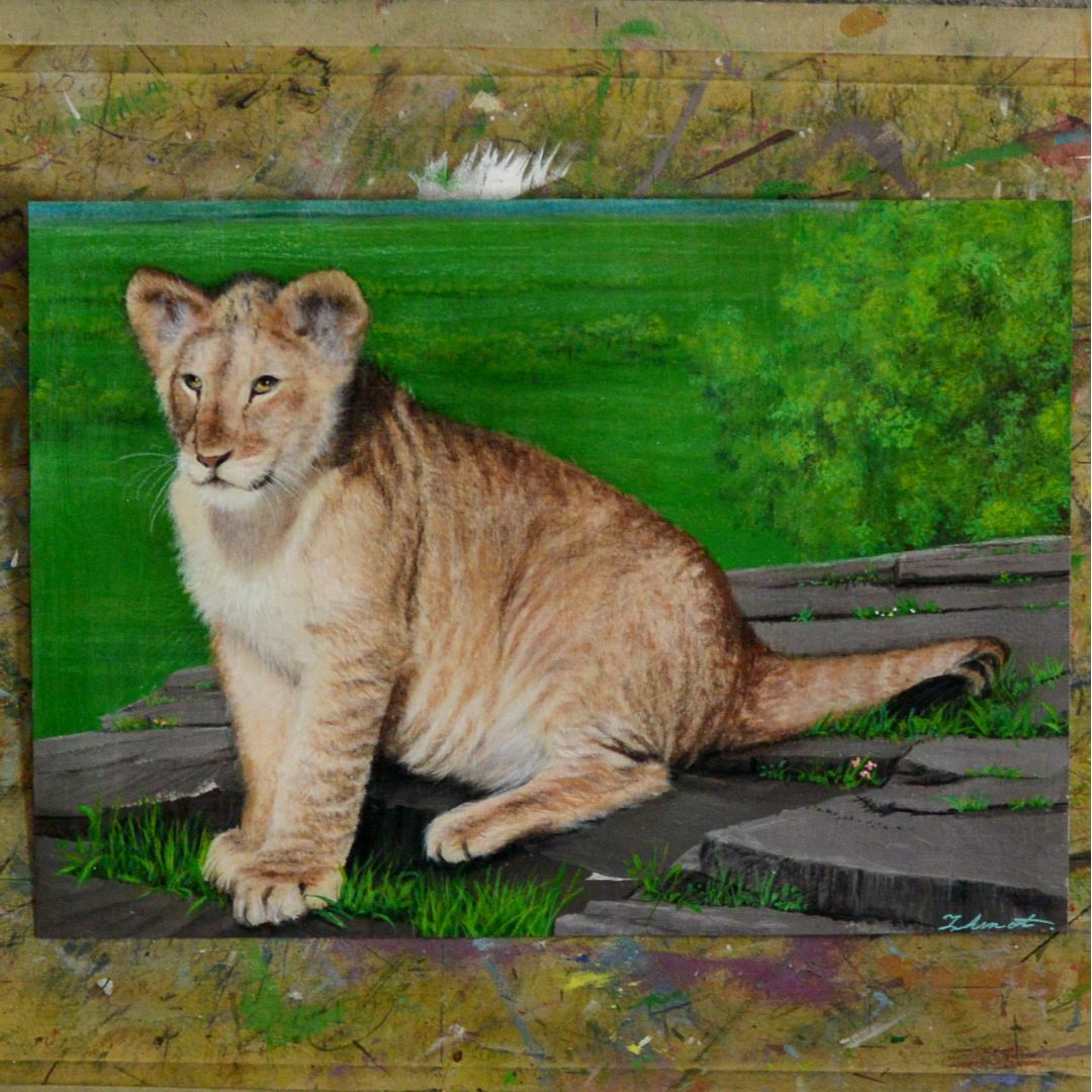 アクリル画　崖の上の若いライオン　B4 エンタメ/ホビーの美術品/アンティーク(絵画/タペストリー)の商品写真