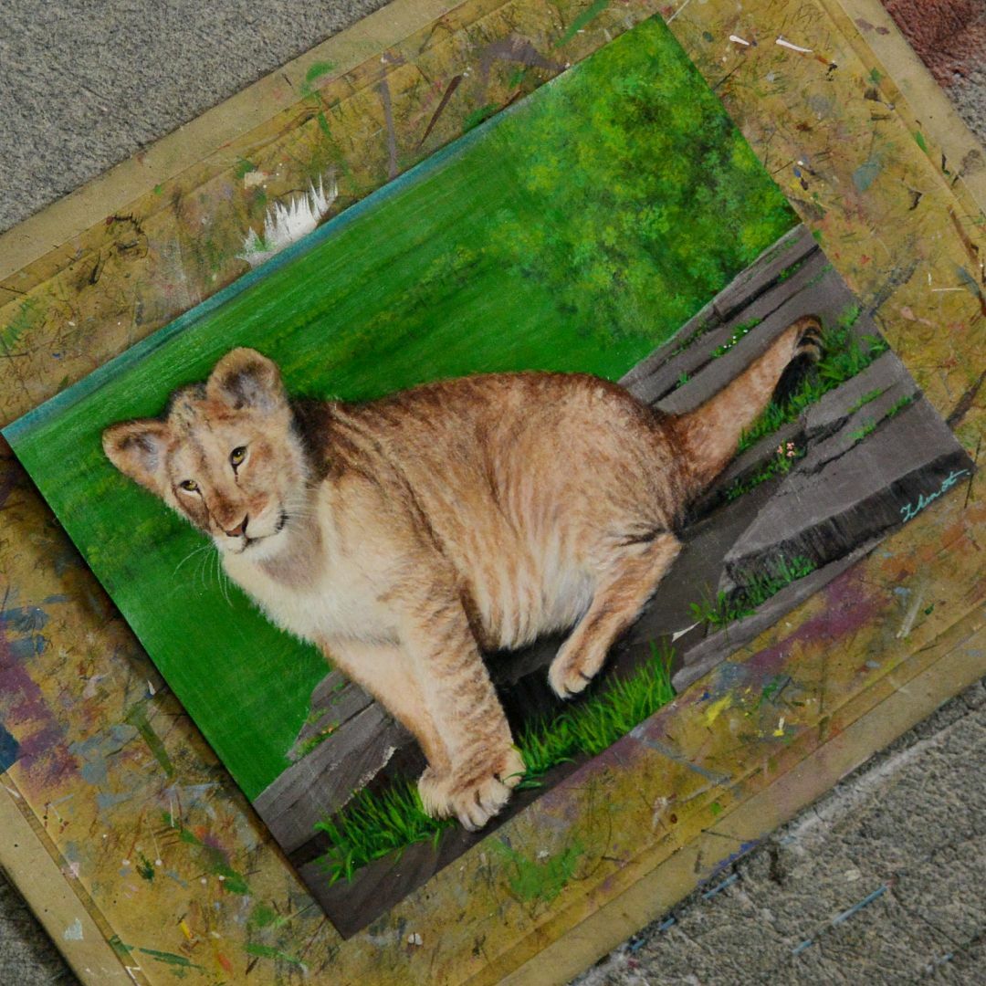 アクリル画　崖の上の若いライオン　B4 エンタメ/ホビーの美術品/アンティーク(絵画/タペストリー)の商品写真
