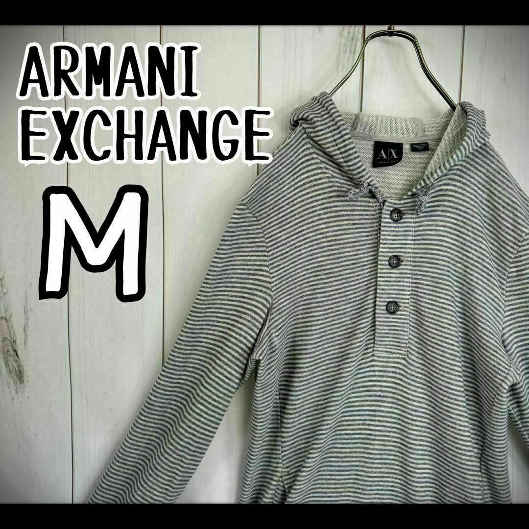 ARMANI EXCHANGE(アルマーニエクスチェンジ)の【一点物】　アルマーニ　エクスチェンジ　パーカー　ボーダー　ハーフボタン　M メンズのトップス(パーカー)の商品写真