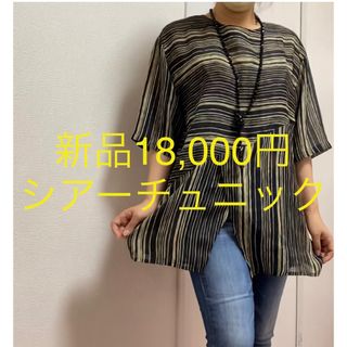 新品18000円　半袖　ブラウス　チュニック　シアー　和テイスト　和柄　M (カットソー(半袖/袖なし))