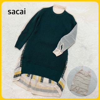 sacai - 未使用級 sacai インナー付 ニット 切替 ワンピース  長袖 シャツ 緑