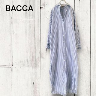 BACCA - 美品　BACCA バッカ　シャツワンピース　ロング丈　ストライプ　シルク混　青