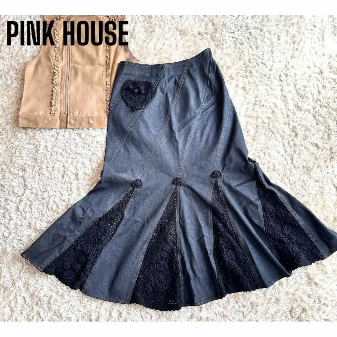 PINK HOUSE(ピンクハウス)の美品　PINK HOUSE ブラックデニム　マーメイドスカート　バラ　クロシェ レディースのスカート(ロングスカート)の商品写真
