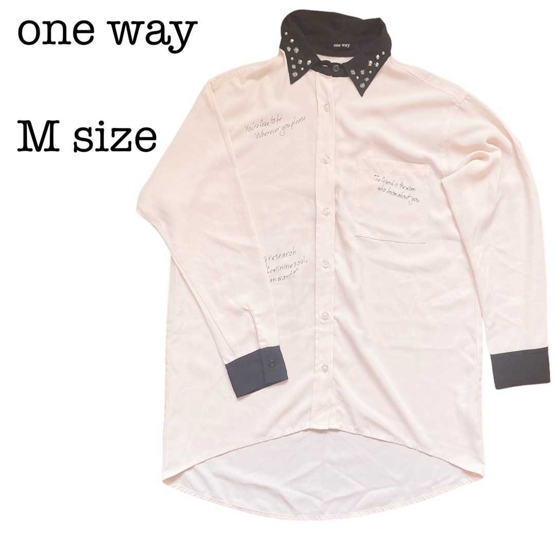 one*way(ワンウェイ)のシアーシャツ シースルー ピンクベージュ スタッズ Mサイズ  古着【即購入可】 レディースのトップス(シャツ/ブラウス(長袖/七分))の商品写真