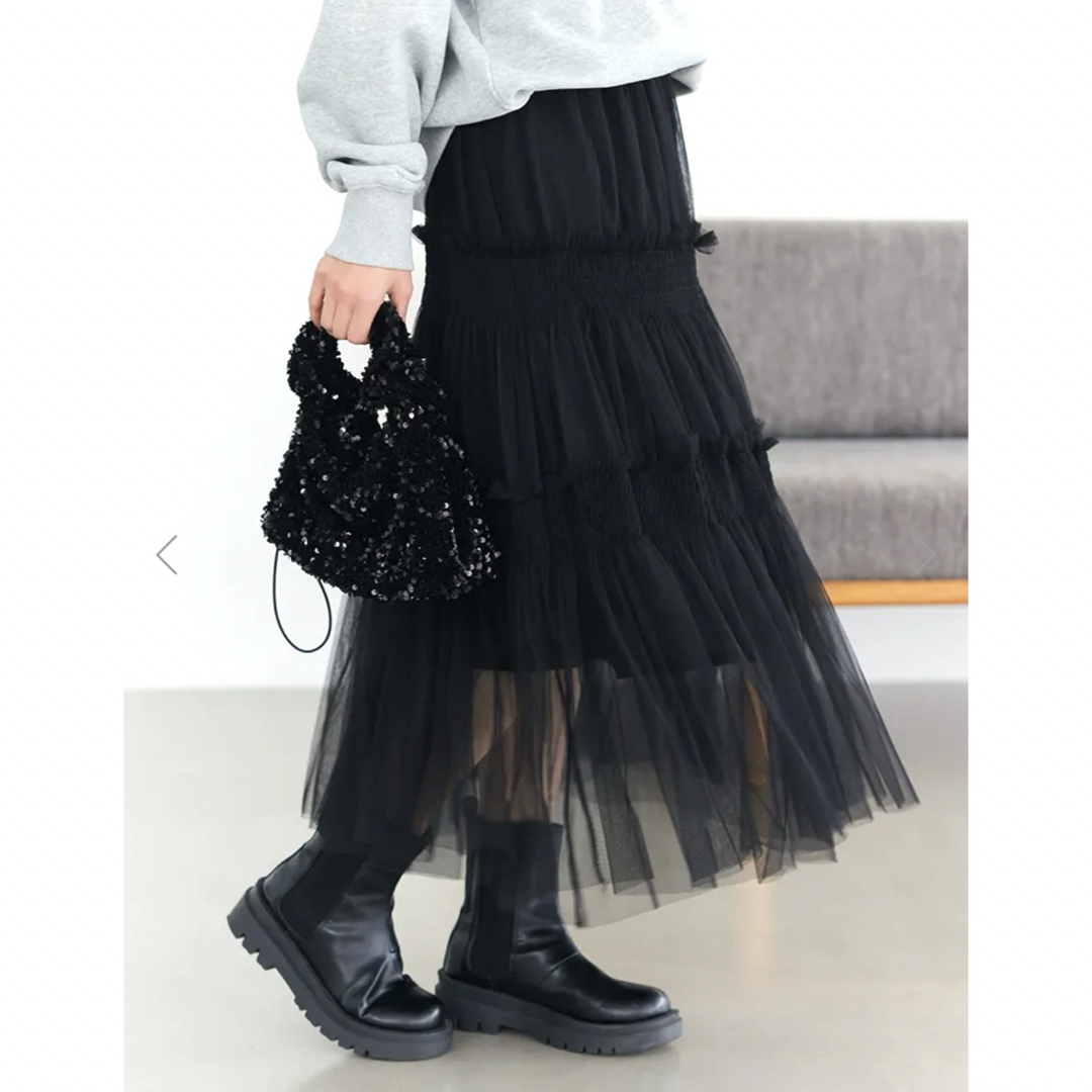 fifth(フィフス)のチュールギャザーティアードスカート（黒）⭐︎美品⭐︎ レディースのスカート(ロングスカート)の商品写真