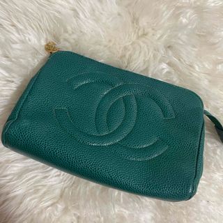 シャネル(CHANEL)のレアCHANELヴィンテージシャネルポーチキャビアスキングリーン(ポーチ)