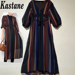 カスタネ(Kastane)のKastane ストライプワンピース　シースルー　シフォン(ロングワンピース/マキシワンピース)