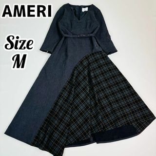 【美品】AMERI アメリ ロングワンピース マキシ丈 チェック アシンメトリー(ロングワンピース/マキシワンピース)