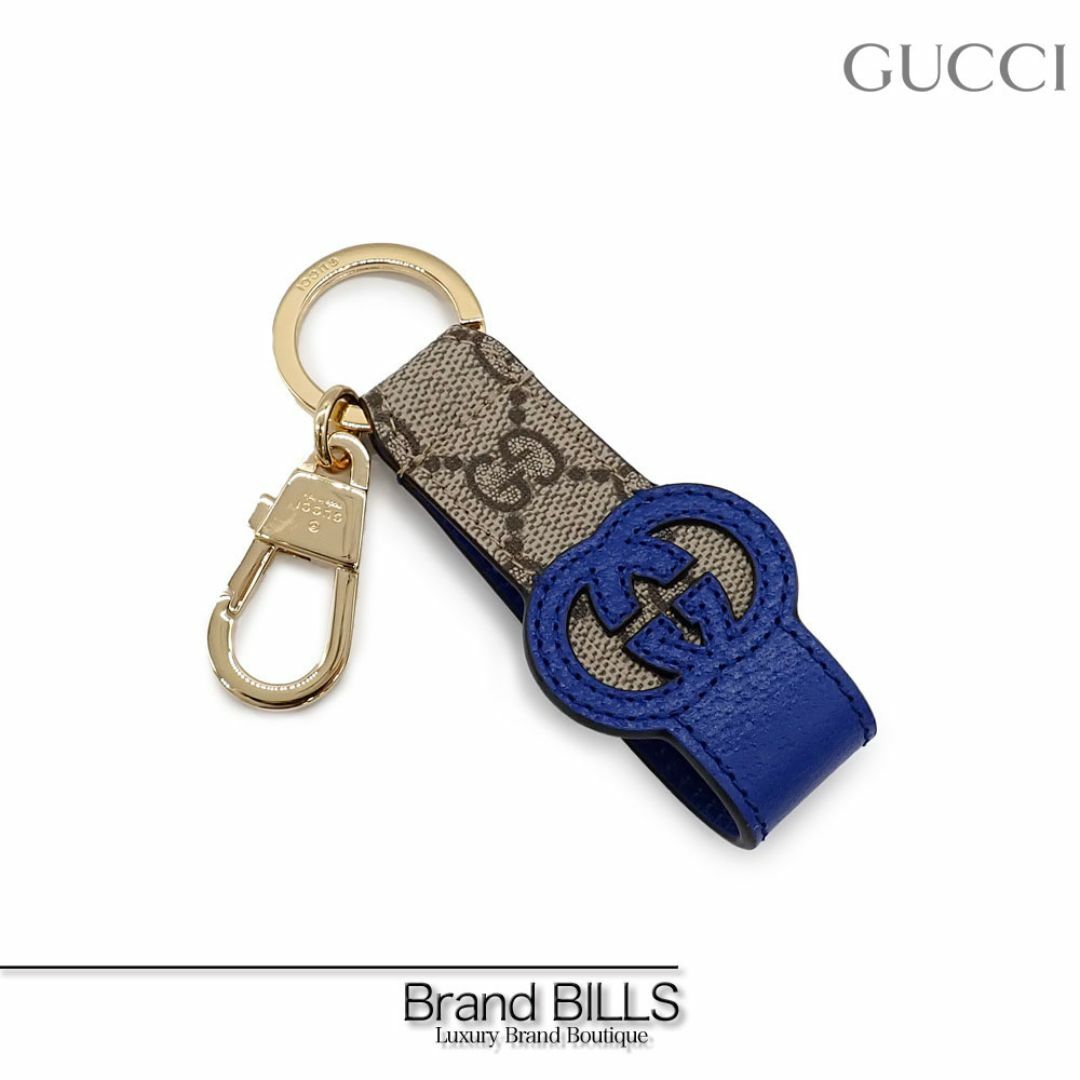 Gucci(グッチ)の未使用品 グッチ GGスプリームキャンバス キーリング キーホルダー 701432 カットアウト インターロッキングG ベージュ ブルー  メンズのファッション小物(キーホルダー)の商品写真