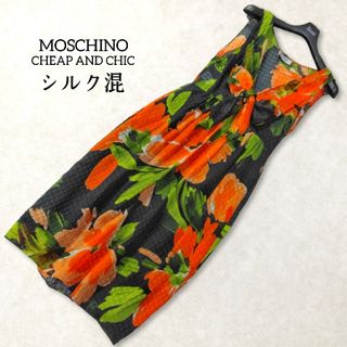 MOSCHINO - モスキーノ ✿ シルク混 大判 花柄 ノースリーブ ワンピース ブラック 夏