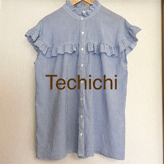 テチチ(Techichi)のテチチ スタンドフリル切替ブラウス 水色 ストライプ(シャツ/ブラウス(半袖/袖なし))