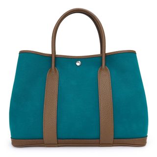 エルメス(Hermes)のエルメス ガーデンパーティ 36 PM ハンドバッグ ネゴンダ レザー トワルオフィシエ キャンバス ヴェールボスフォール アルザン グリーン ブラウン 緑 茶 シルバー金具 D刻印 HERMES（中古）(ハンドバッグ)