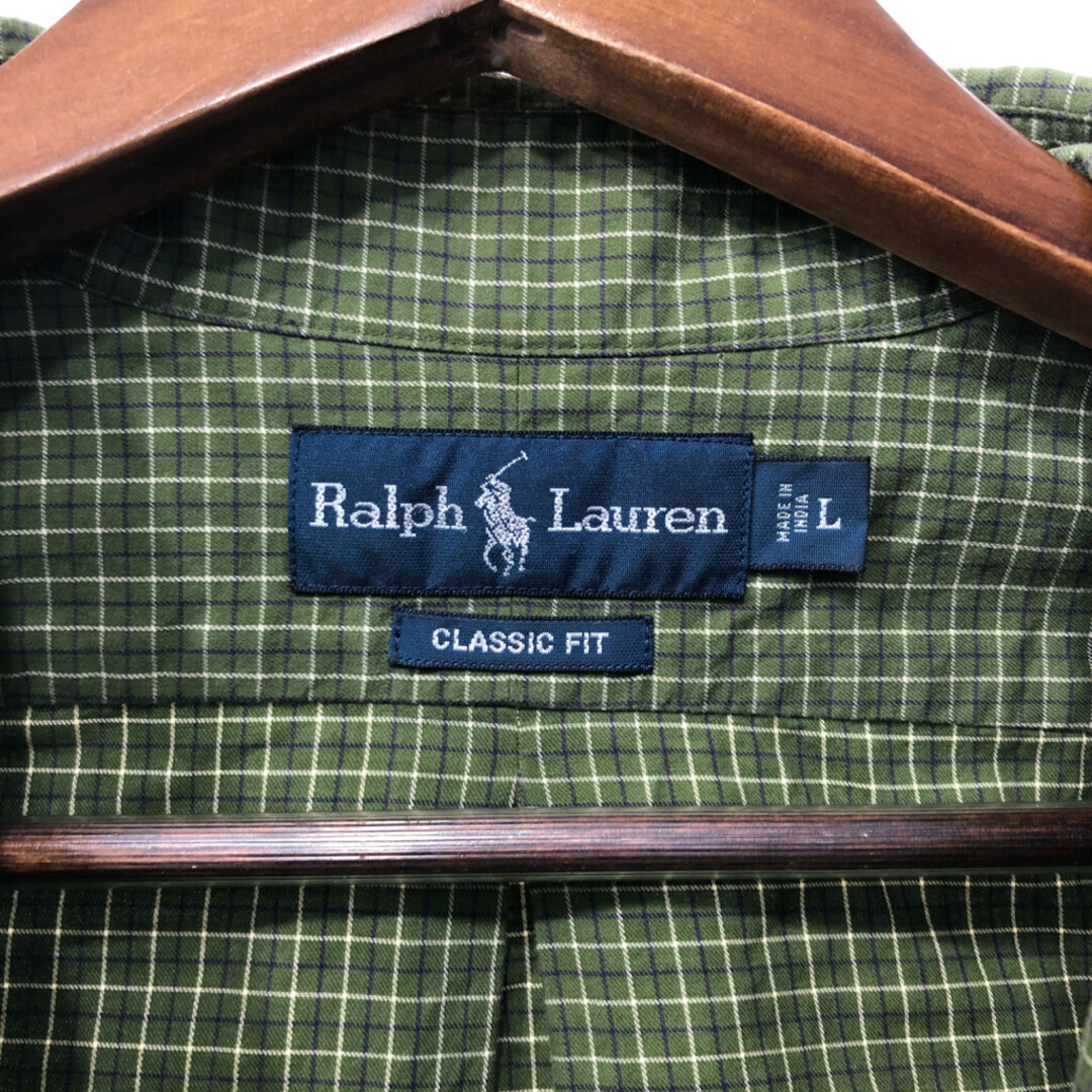 POLO RALPH LAUREN(ポロラルフローレン)の90年代 Polo by Ralph Lauren ポロ ラルフローレン ボタンダウン長袖シャツ ガンクラブチェック グリーン (メンズ L) 中古 古着 Q3956 メンズのトップス(シャツ)の商品写真