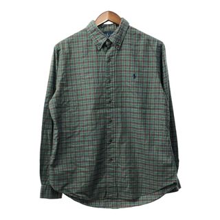 90年代 RALPH LAUREN ラルフローレン ボタンダウン 長袖シャツ ワンポイントロゴ チェック グリーン (メンズ L) 中古 古着 Q3973(シャツ)