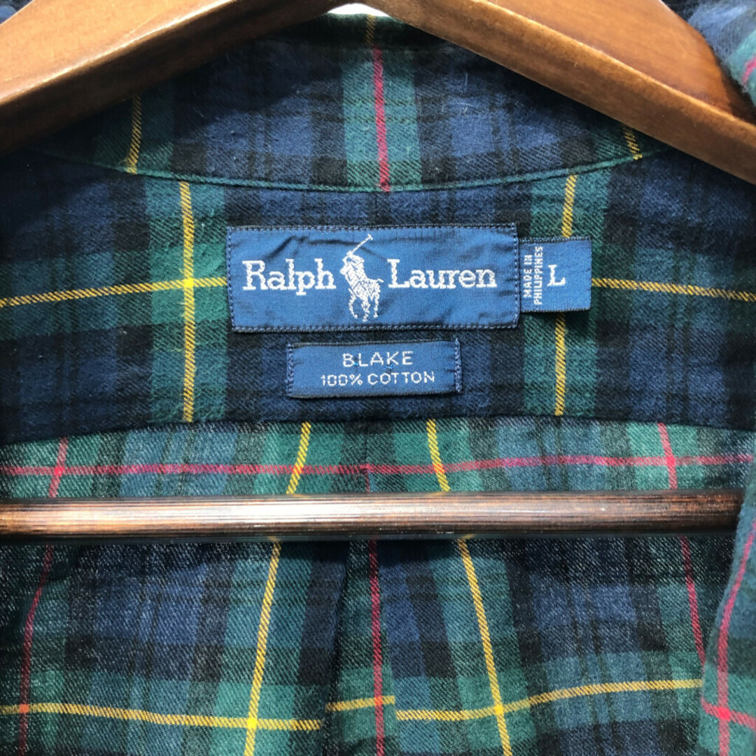 90年代 RALPH LAUREN ラルフローレン BLAKE ボタンダウン 長袖シャツ タータンチェック グリーン (メンズ L) 中古 古着 Q3981 メンズのトップス(シャツ)の商品写真