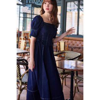 ハーリップトゥ(Her lip to)のherlipto Eze Puff-Sleeve Denim Dress　M(ロングワンピース/マキシワンピース)