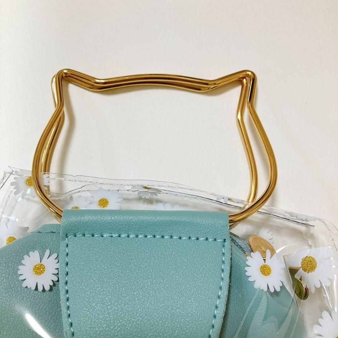 ショルダーバッグ　ハンドバッグ　猫　花柄　2WAY　ビニール素材　ミニカバン　緑 レディースのバッグ(ショルダーバッグ)の商品写真