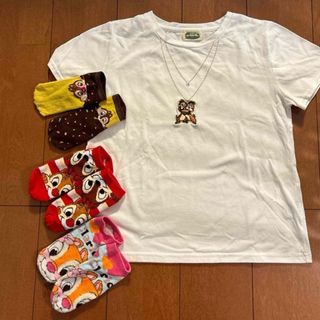 チップアンドデール(チップ&デール)のレディース 半袖 Tシャツ 白 ディズニー チップ&デール 靴下×3(Tシャツ(半袖/袖なし))