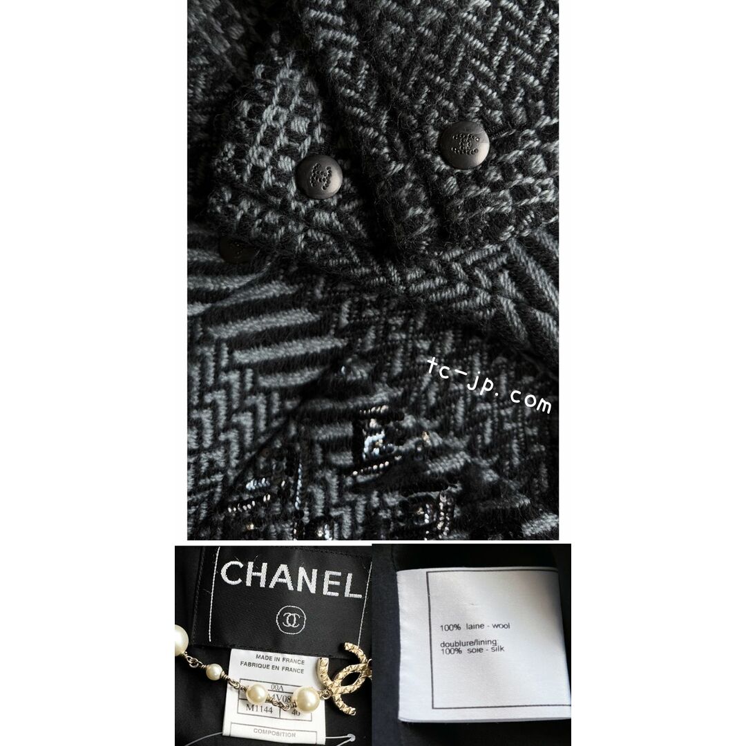 CHANEL(シャネル)の88万 シャネル ジャケット CHANEL ブラック グレー スワロフスキー CCボタン ウール ツイード 40 レディースのジャケット/アウター(テーラードジャケット)の商品写真