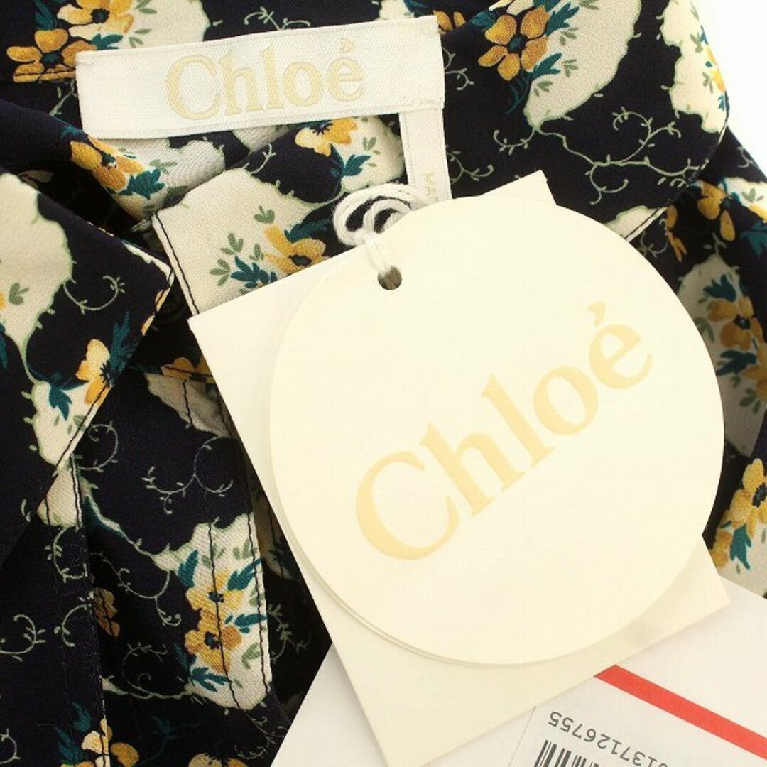 Chloe(クロエ)のクロエ CHLOE シルク シャツ 花柄 リボン 長袖 ブラウス S ネイビー レディースのトップス(シャツ/ブラウス(長袖/七分))の商品写真