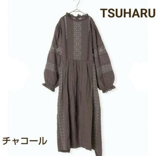 ツハルバイサマンサモスモス(TSUHARU by Samansa Mos2)のツハル  リネンレースワンピース   チャコール(ロングワンピース/マキシワンピース)