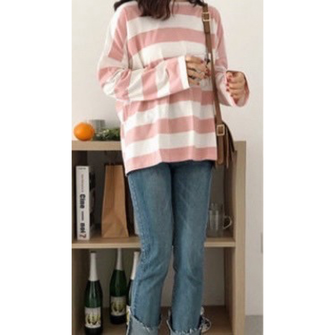 ボーダー トップス ロンT 大きめ 韓国 ゆったり ラウンドネック レディース レディースのトップス(Tシャツ(長袖/七分))の商品写真