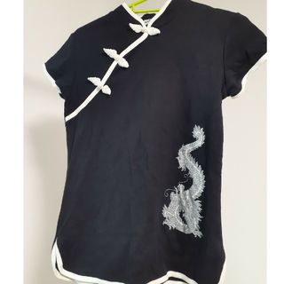 【未使用品】ティシャツ　チャイナ風　XS　黒(Tシャツ(半袖/袖なし))